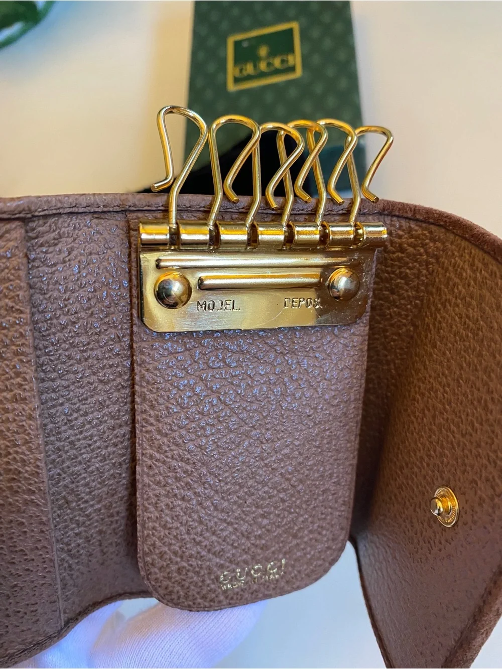 Gucci Brown Pebbled Leather Key / Card Case with Gold-Tone / Bamboo Hardware